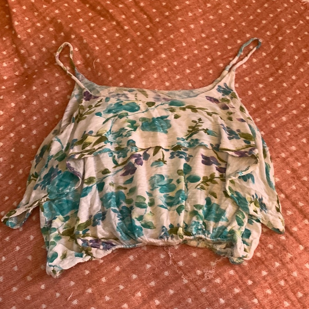 Blue & White Floral Ruffled Crop Tank